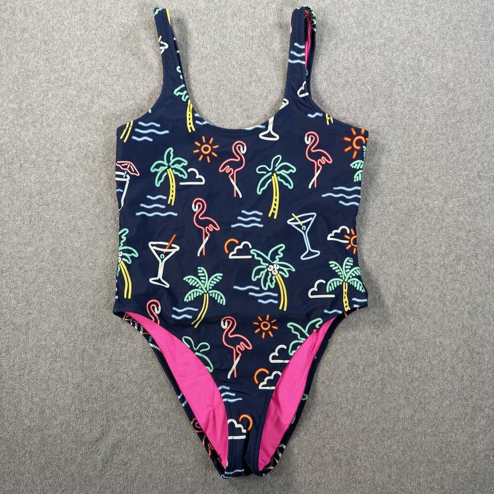 Chubbies Women's Medium Neon Tropical Flamingo Palm Tree One Piece Swimsuit
